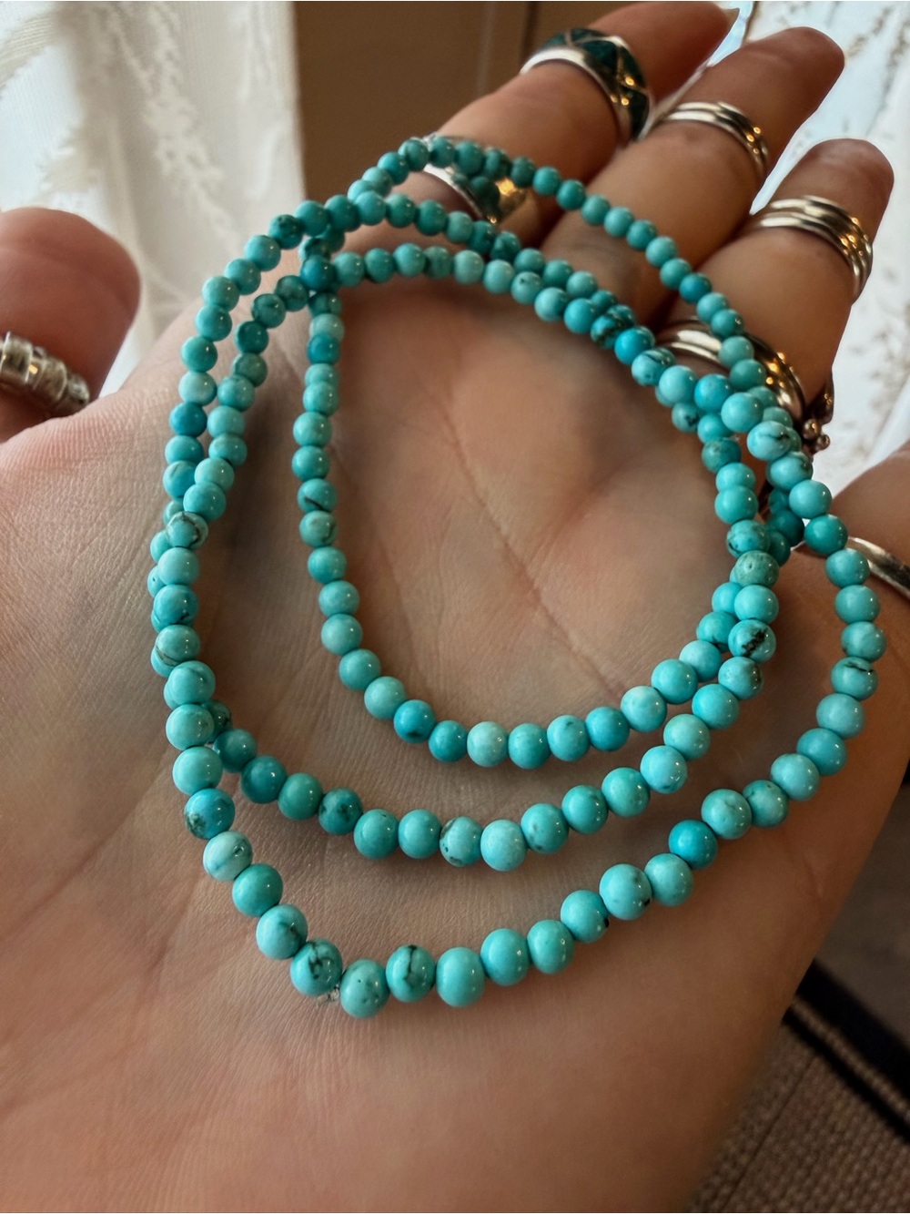 Genuine Turquoise Beaded Stretch Bracelet - 3mm Pearls - Set Of 3